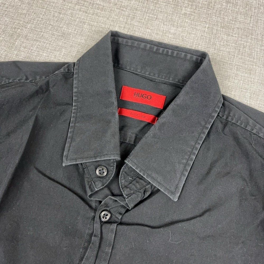 HUGO Shirt Mens XL Black Solid Slim Fit Cotton Long Sleeve Dress Button Front